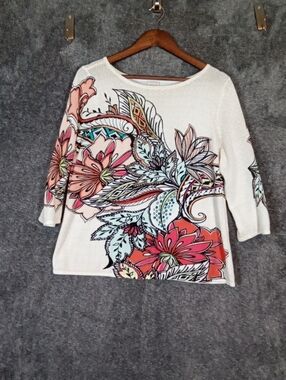 Chico's White Crewneck Sweater with Coral, Pink and Mint Floral Print Paisely M